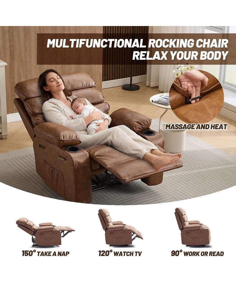 Oversized Manual Pu Leather Recliner Chair with Massage and Heating Function, Thickened Sponge Cushioned Single Lounge Sofa for Indoor Use