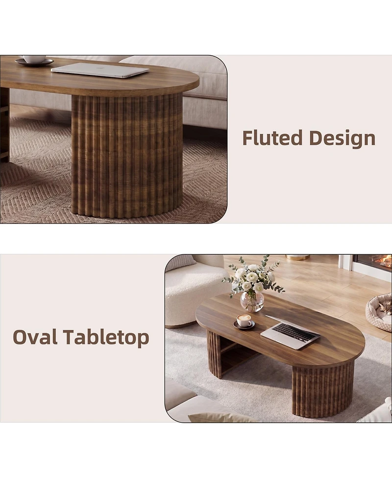 59"Fluted Console Table and 39" Oval Coffee Table 2-Piece Set, Walnut Engineered Wood Modern Furniture for Living Room and Entryway
