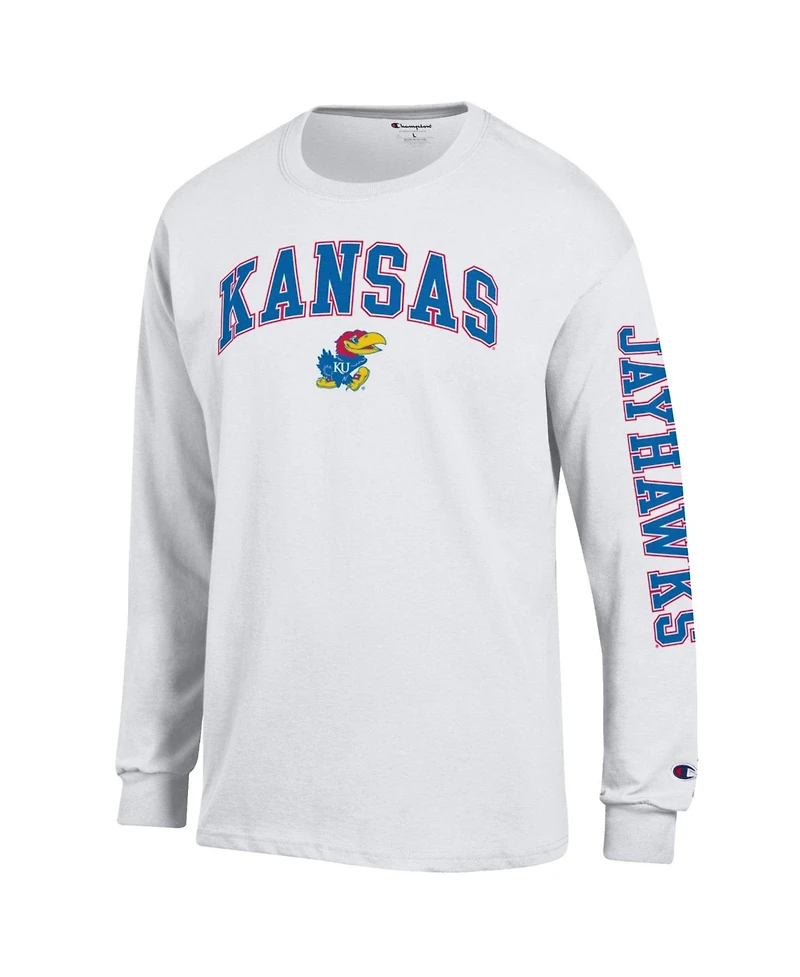 Champion Men's White Kansas Jayhawks Arch Over Logo 2-Hit Long sleeves T-Shirt