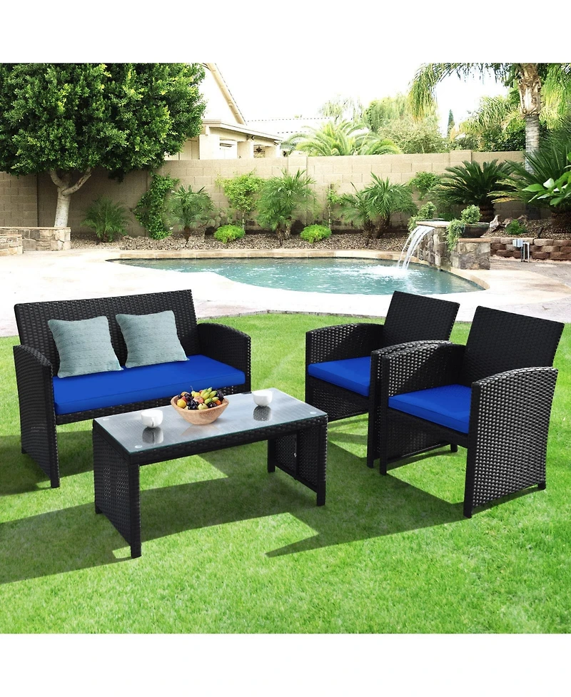 Sugift 4 Pieces Rattan Patio Furniture Set with Weather Resistant Cushions and Tempered Glass Tabletop