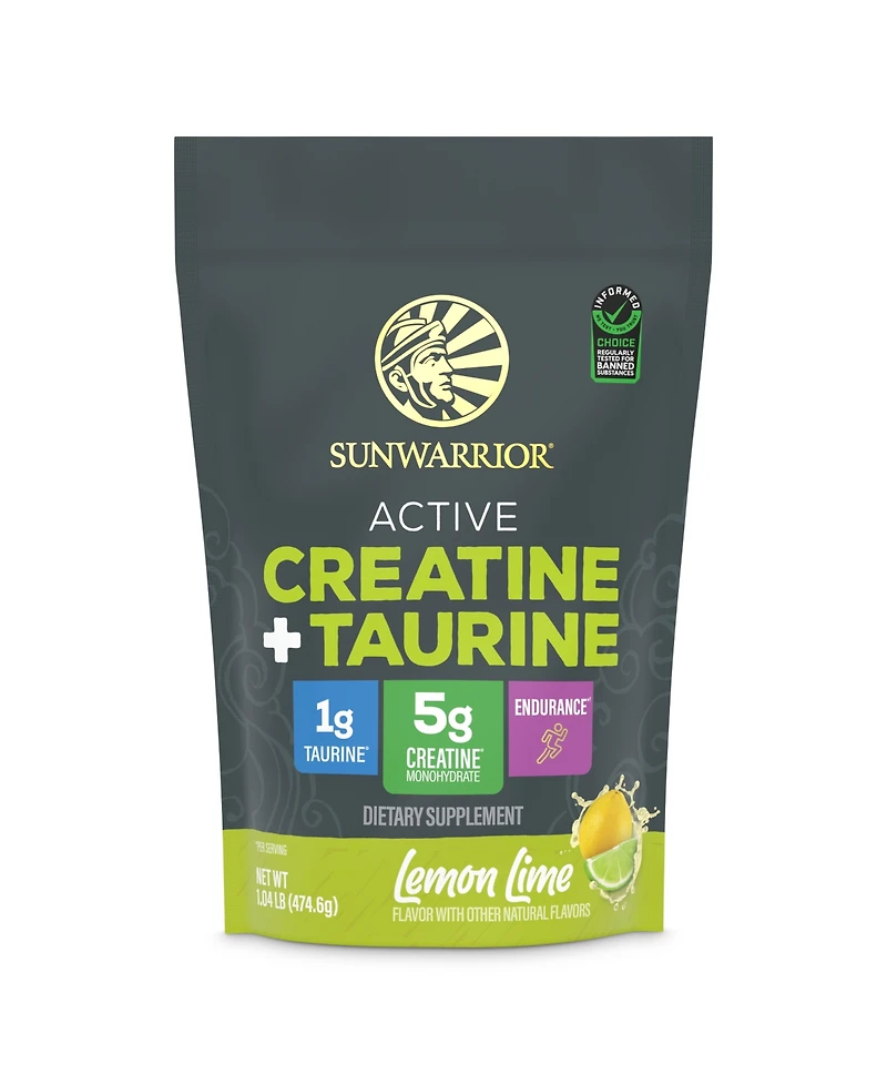 Sunwarrior Active Creatine Plus Taurine Powder, Lemon Lime Flavor, 474.6 Gram (60 Servings)