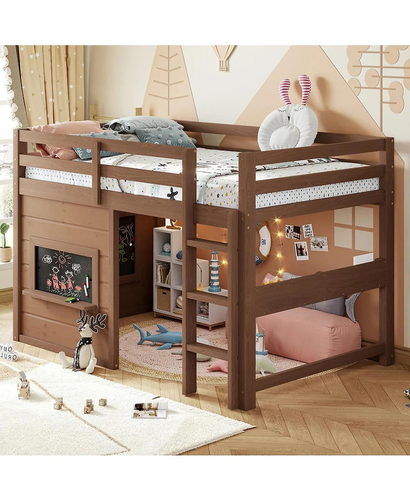 Streamdale Furniture Twin Size Loft Bed with Slide, Chalkboard, Bookshelf and Safety Rails