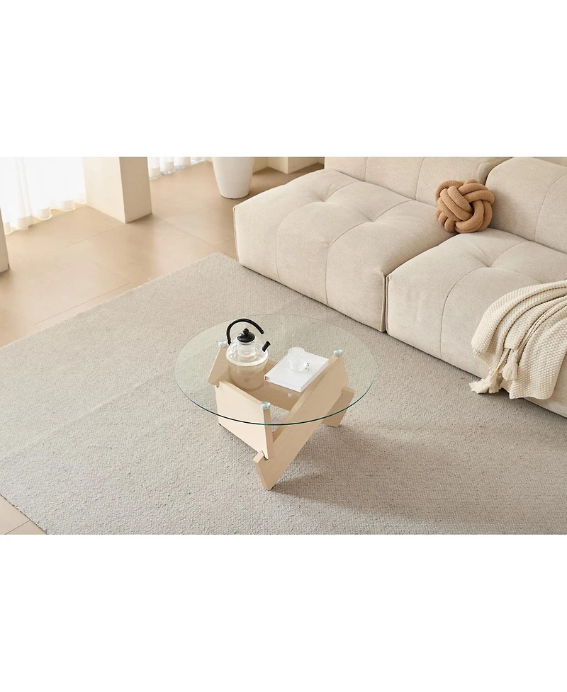Streamdale Furniture Modern Round Farmhouse Coffee Table with Tempered Glass Top, Natural Wood