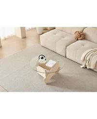 Streamdale Furniture Modern Round Farmhouse Coffee Table with Tempered Glass Top, Natural Wood