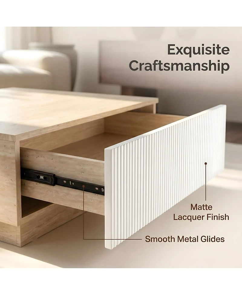 Streamdale Furniture Modern Faux Travertine Coffee Table with 2 Drawers, Stone Center Table