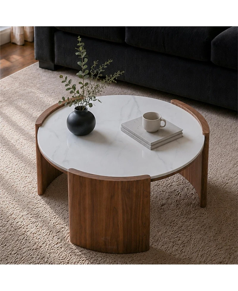 Streamdale Furniture Modern Round Sintered Stone Coffee Table with Walnut Legs