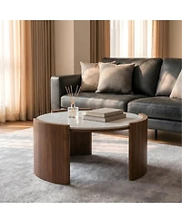 Streamdale Furniture Modern Round Sintered Stone Coffee Table with Walnut Legs