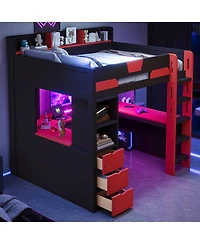 Streamdale Furniture Full Size Wooden Gaming Loft Bed with Desk, Rgb Lights and Usb