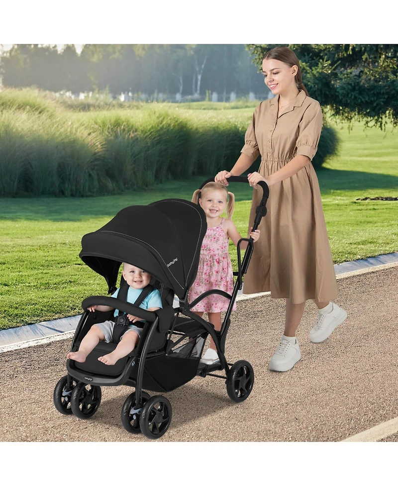 Costway Sit and Stand Double Stroller with Adjustable Handle Bar Backrests Footrest Canopies
