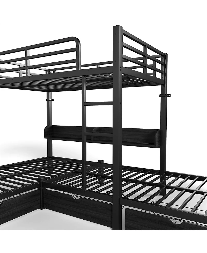 Streamdale Furniture Triple Twin L-Shaped Loft Bed with Storage, Led and Usb