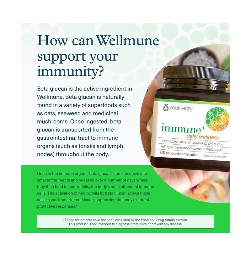 Youtheory Immune Plus Daily Wellness Vegetarian Immune Support Supplement with Vitamin C, Vitamin D3 and Zinc 60 Vegetarian Capsules