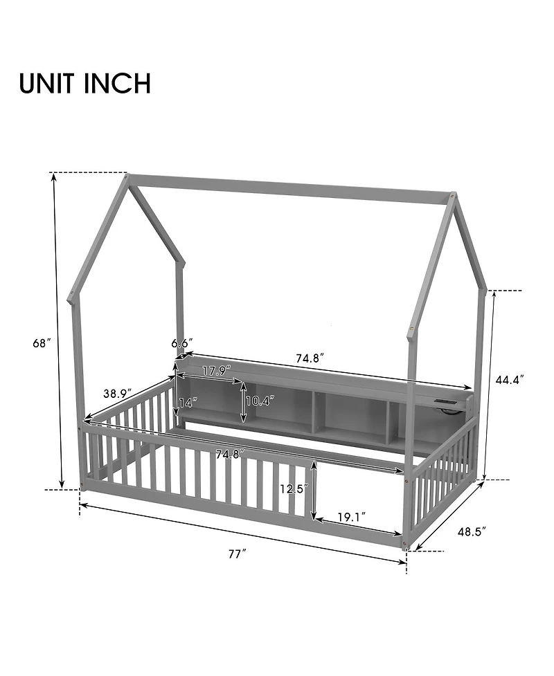 Streamdale Furniture Twin House Floor Bed with Led, Storage and Charging Station