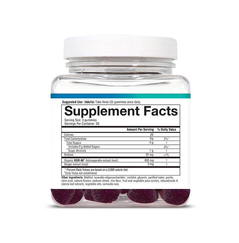 Youtheory Ashwagandha Gummies Stress and Energy Support Ksm 66 and Ginger Zero Sugar Blueberry 60 Count, Pack of 2 60 Day Supply
