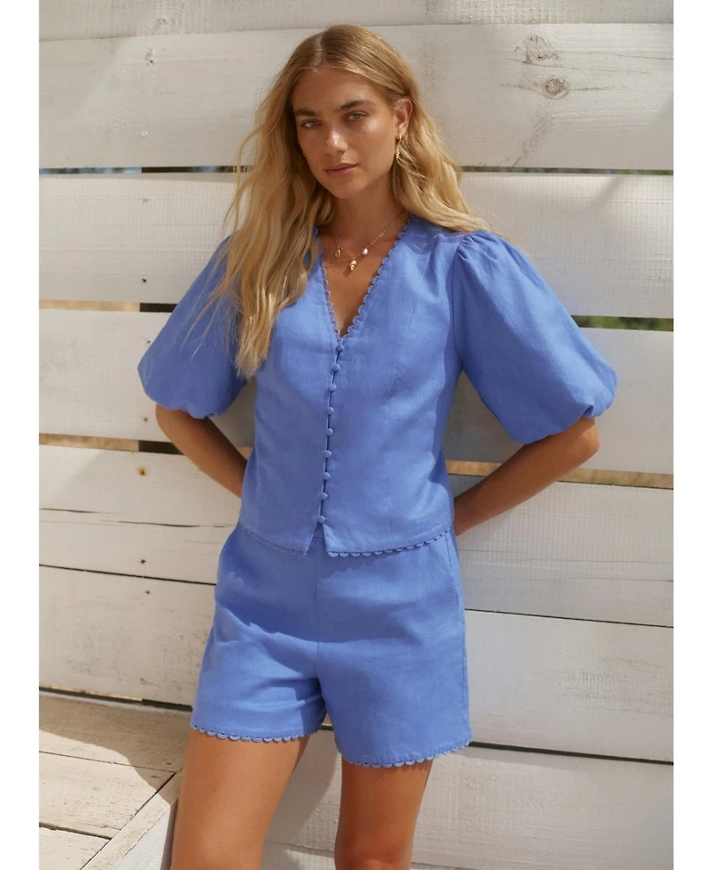 Mint Velvet Women's V-Neck Short Puff-Sleeve Scalloped Edge Blouse