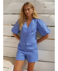 Mint Velvet Women's V-Neck Short Puff-Sleeve Scalloped Edge Blouse