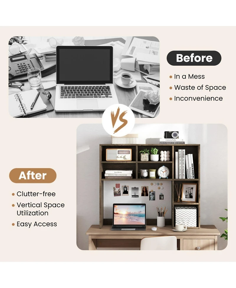 Sugift Desktop Bookshelf with 7 Open Cubbies and 3 Adjustable Shelves Vertical Desk Hutch Organizer