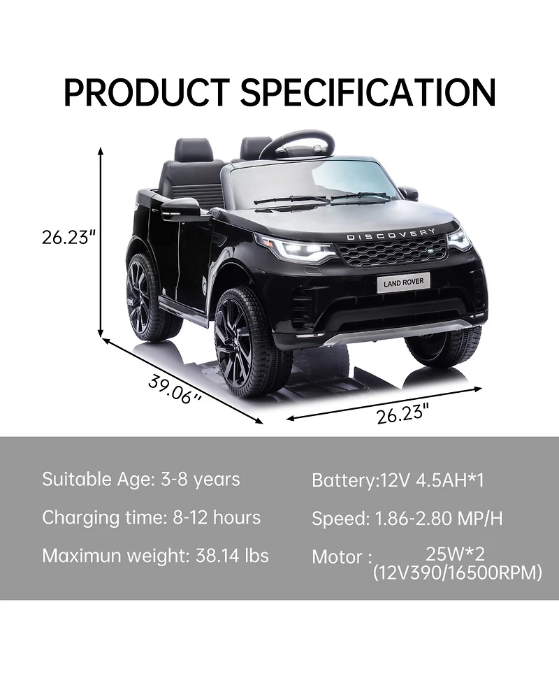 homfan 12V 2-Seater Ride On Car for Kids, Licensed Land Rover Battery Powered Electric Vehicle w/ Parent Remote, Led Light, MP3 Player, 3 Speeds 3-8