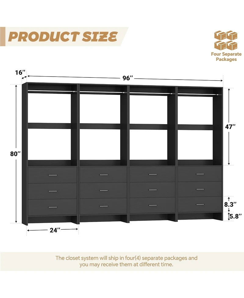24" 4PC Freestanding Closet Organizer System with Hanging Rods and Drawers