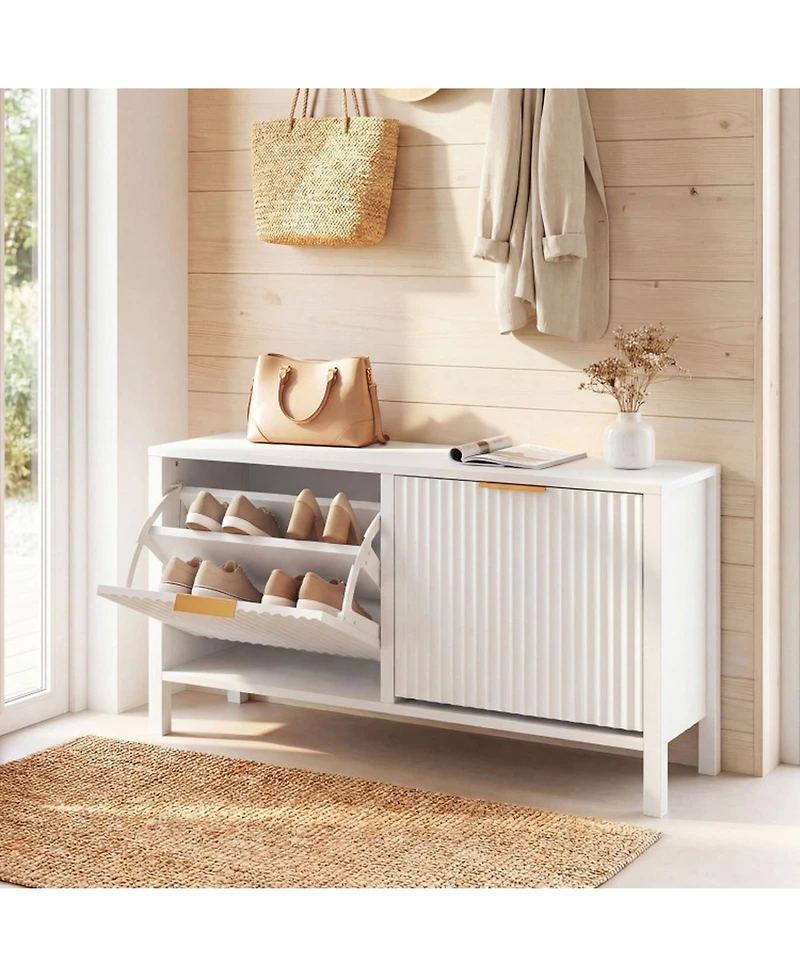 Sugift Fluted Entryway Shoe Bench with 2 Flip Drawers and Golden Handles