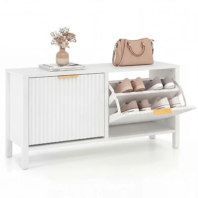 Sugift Fluted Entryway Shoe Bench with 2 Flip Drawers and Golden Handles