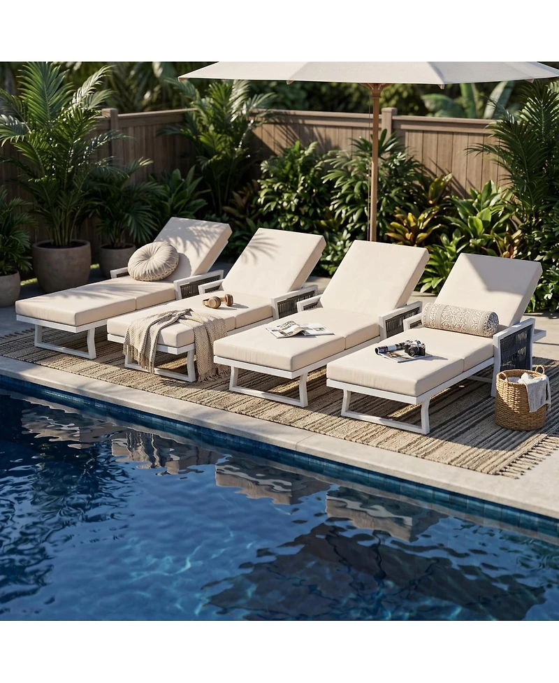 Asagikoiai Adjustable Iron Outdoor Chaise Lounge with Rope Arms and 3-Fold Cushion