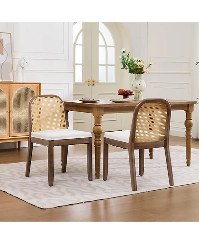 Flynama Set of 2 Curved Arched Cane Back Farmhouse Dining Chairs, Distressed Solid Wood Frame S-Spring Chenille Cushion