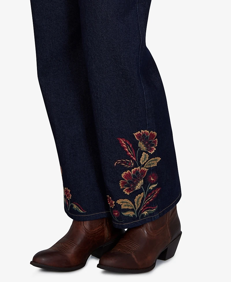 Ruby Rd. Petite Pull-On Wide-Leg Embroidered Denim Pants