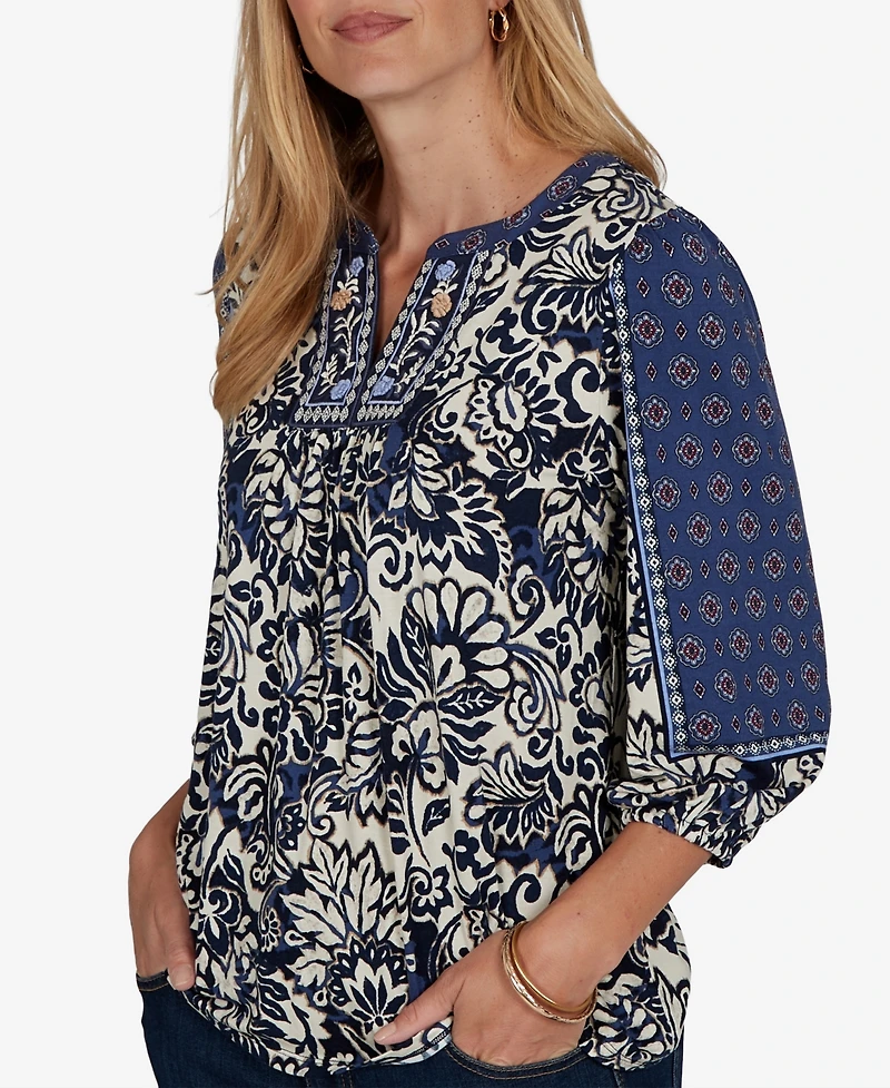Ruby Rd. Petite Foliage Henley 3/4-Sleeve Floral-Print Blouse