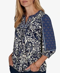 Ruby Rd. Petite Foliage Henley 3/4-Sleeve Floral-Print Blouse