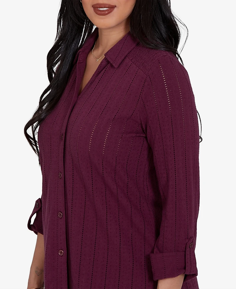 Ruby Rd. Petite Striped 3/4-Sleeve Henley Collar Blouse
