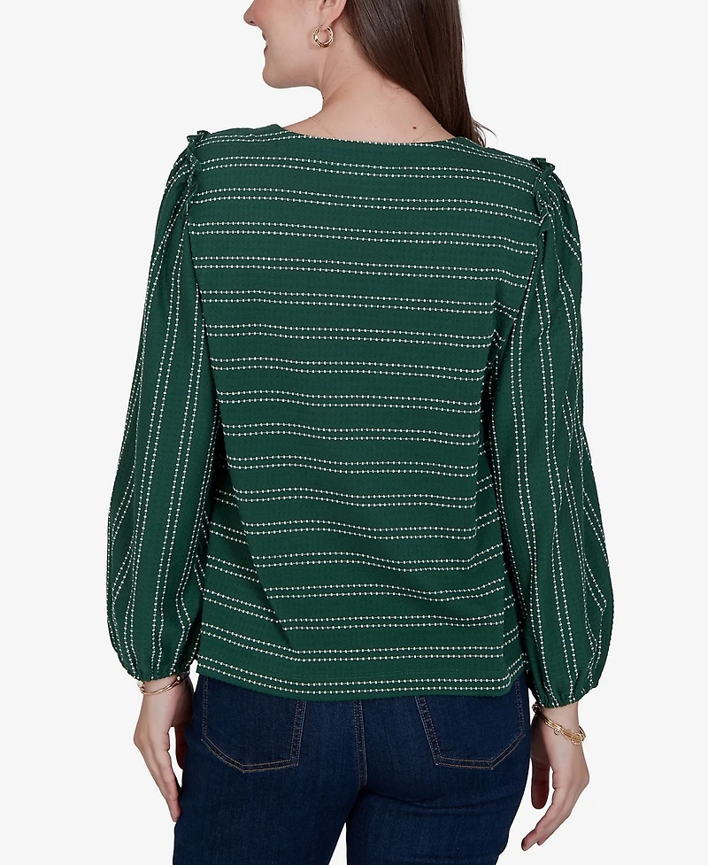 Ruby Rd. Petite Long-Sleeve Dobby-Stripe Crewneck Blouse