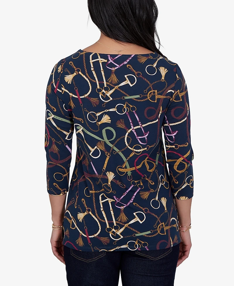 Ruby Rd. Petite Boat Neck 3/4-Sleeve Equestrian Print Blouse