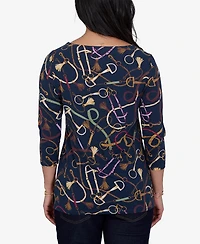 Ruby Rd. Petite Boat Neck 3/4-Sleeve Equestrian Print Blouse