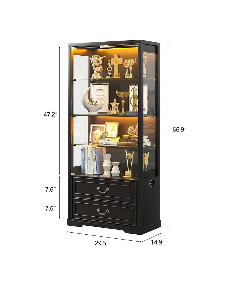 Vlsrka 67" Tall Display Cabinet with Glass Doors and 2 Drawers