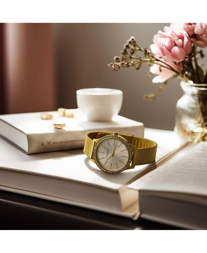 Stuhrling Women's Quartz Crystal Studded Gold Case and Gold Mesh Bracelet, Silver Dial, Gold Hands and Markers Watch