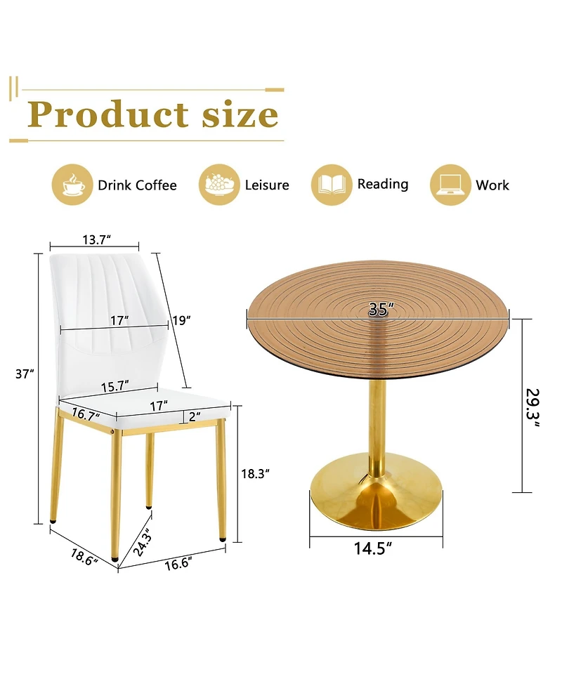 Flynama 5-Piece Ring Glass Round Dining Set, Gold Frame Table and 4 Pu Shell Chairs