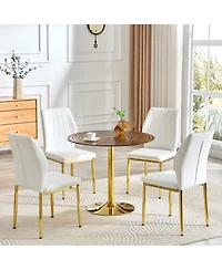 Flynama 5-Piece Ring Glass Round Dining Set, Gold Frame Table and 4 Pu Shell Chairs