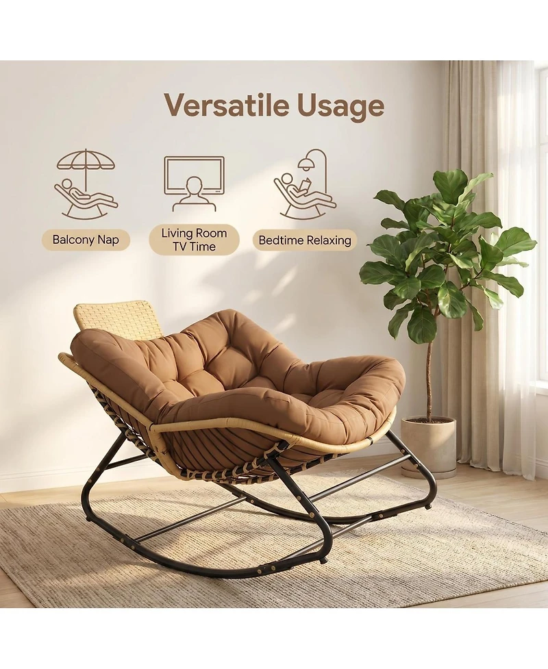 Streamdale Furniture Outdoor Papasan Wicker Rocking Chair with Thick Cushion and Head Pillow