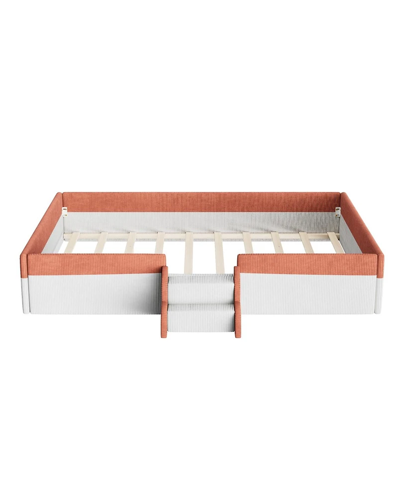 Streamdale Furniture Full Size Upholstered Floor Bed with Fence, Steps and Led Lights