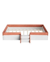 Streamdale Furniture Full Size Upholstered Floor Bed with Fence, Steps and Led Lights