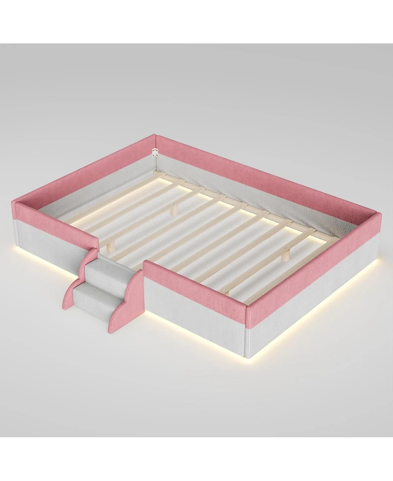 Streamdale Furniture Full Size Upholstered Floor Bed with Fence, Steps and Led Lights