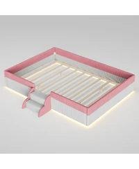 Streamdale Furniture Full Size Upholstered Floor Bed with Fence, Steps and Led Lights