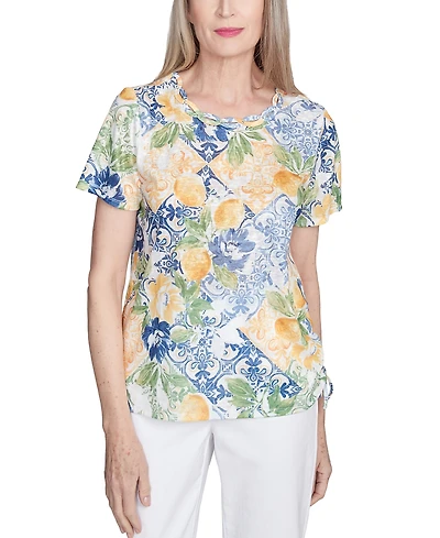 Alfred Dunner Women's Petite Knotted Ruched-Side Crewneck T-Shirt