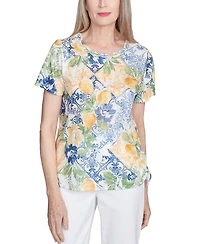 Alfred Dunner Women's Petite Knotted Ruched-Side Crewneck T-Shirt
