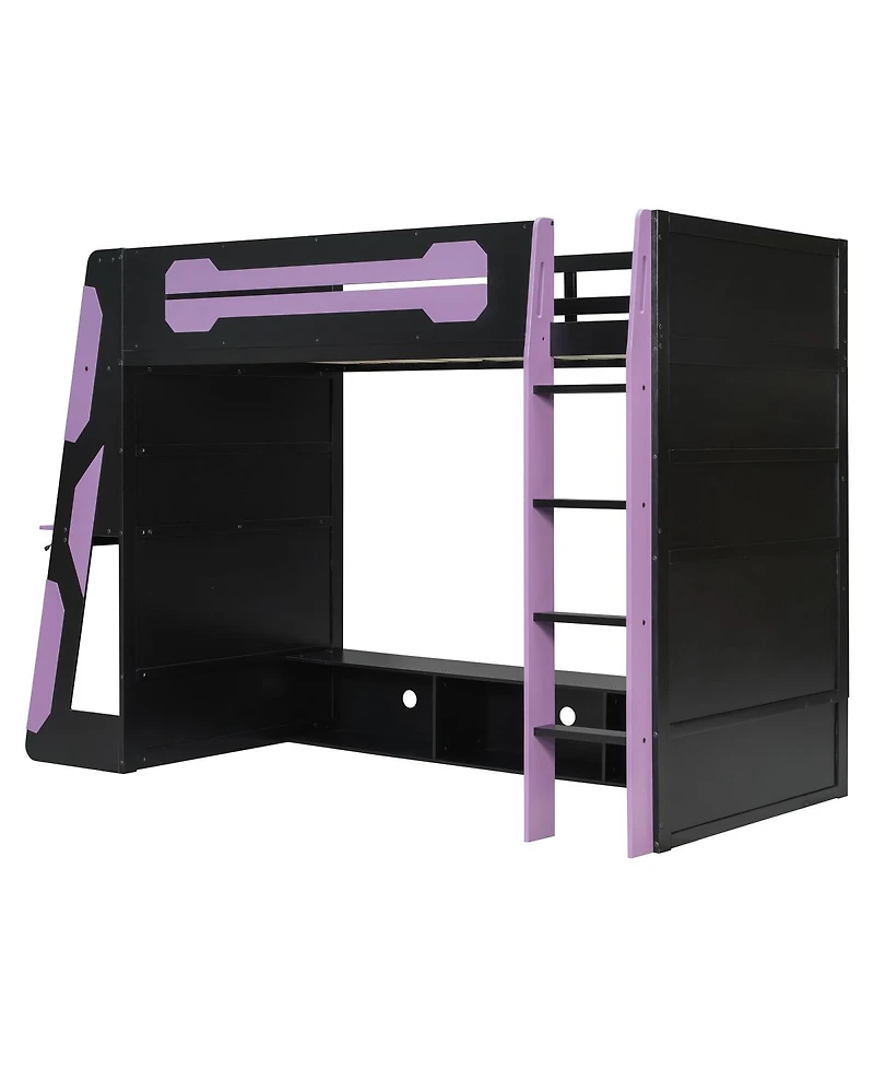 Streamdale Furniture Twin Size Wood Loft Bed with Desk, Multi-storage Shelves and Rgb Light