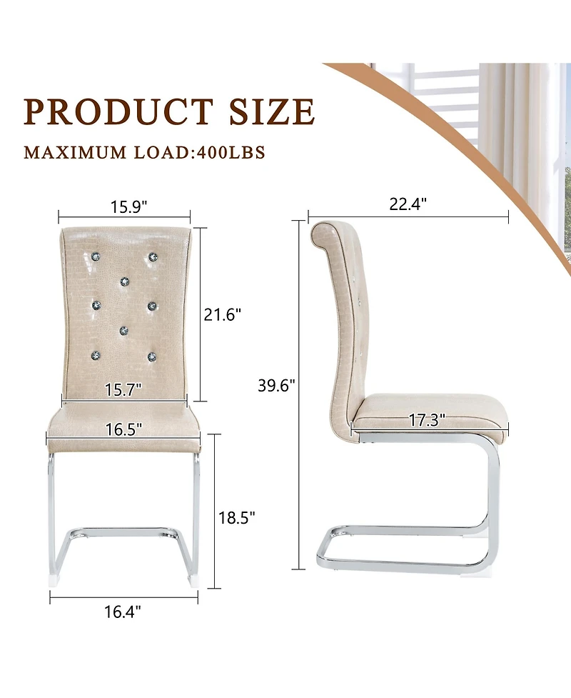 Flynama Set of 2 Retro Alligator Skin Pvc Dining Chairs, Crystal Buckle Chairs with Electroplated Metal Bow Legs