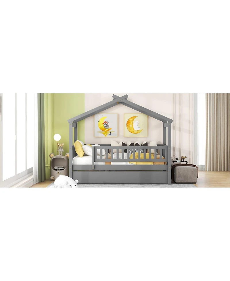 Streamdale Furniture Twin Size Wooden House Bed with Twin Size Trundle