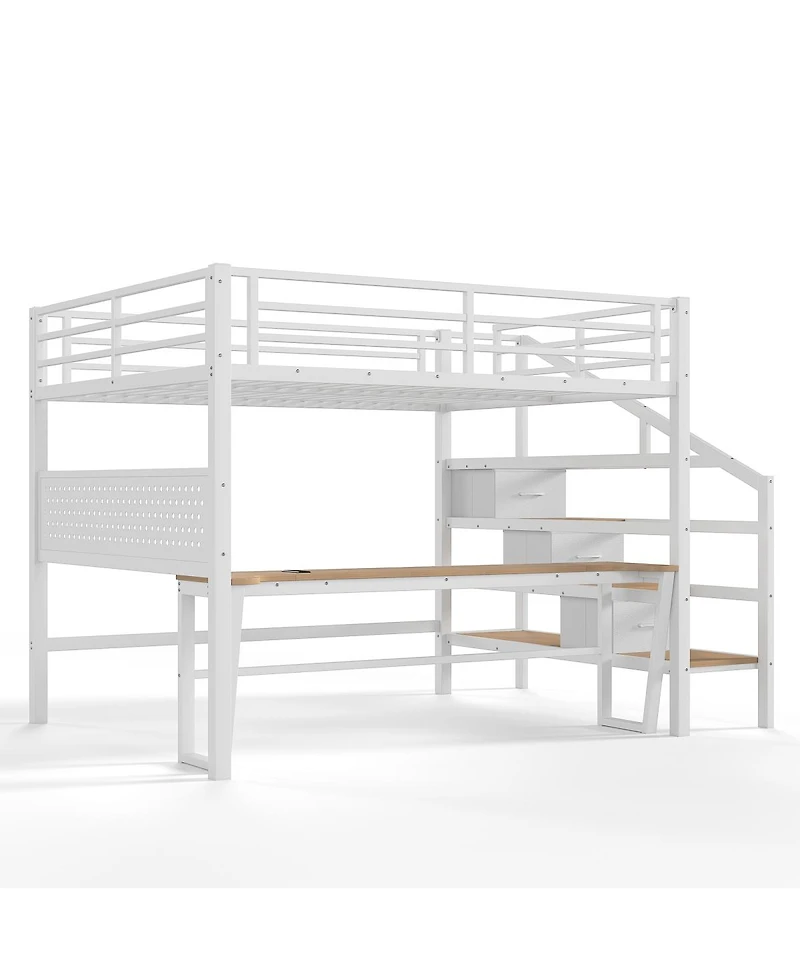 Streamdale Furniture Queen Metal Loft Bed with Desk, Stairs, Usb, Led and Storage