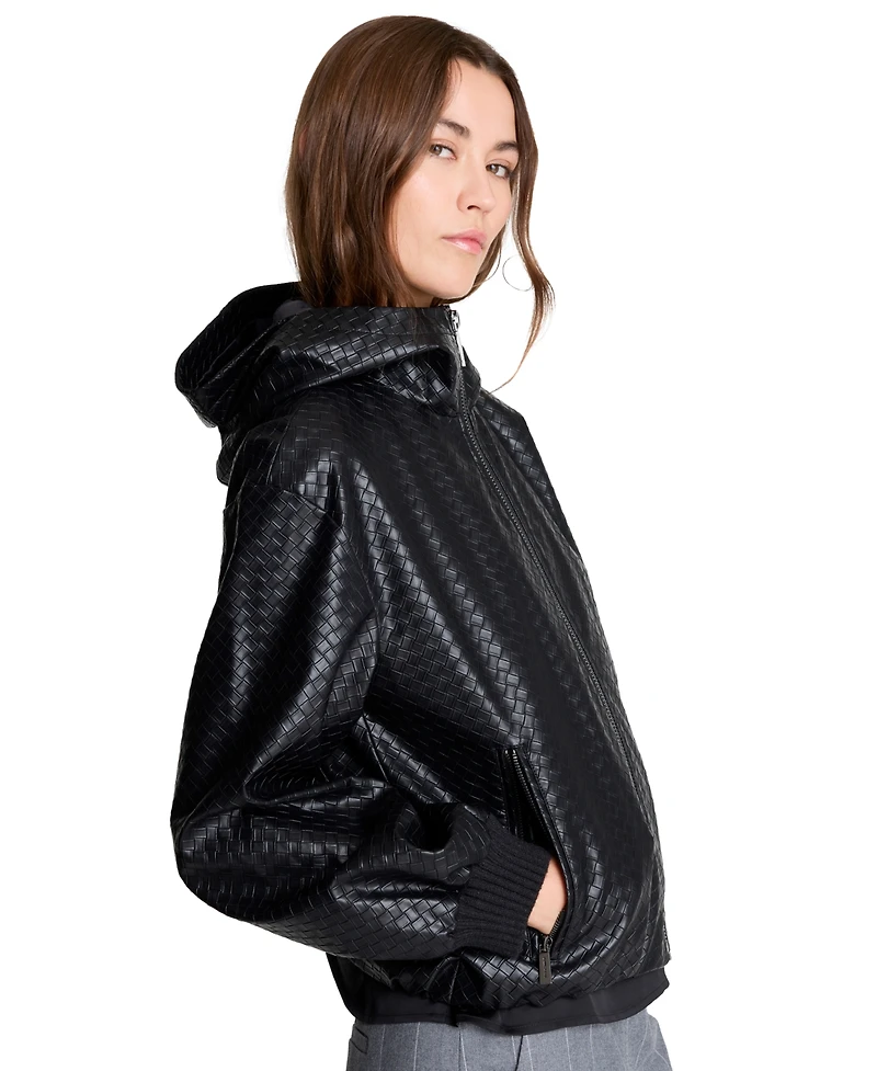 Kenneth Cole Women's Hooded Faux-Leather Basketweave Bomber Jacket