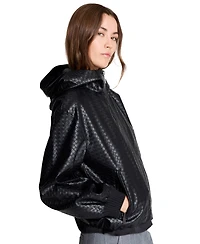 Kenneth Cole Women's Hooded Faux-Leather Basketweave Bomber Jacket